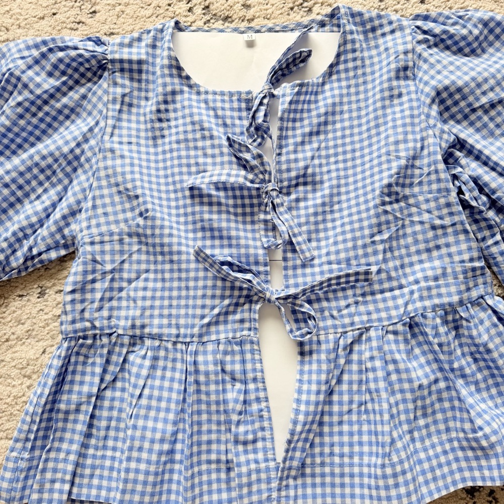 NWOT-Woman’s Blue Plaid Gingham Babydoll Top w/ Tie Front Short Puff Sleeves - Picture 7 of 14